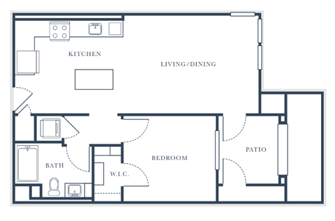 A floor plan of a house with a kitchen, living/dining area, bedroom, bathroom, and patio.